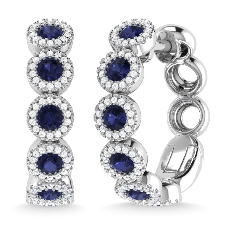 14K WHITE GOLD BLUE SAPPHIRE AND DIAMOND 1 1/4 CT.TW. HOOP EARRINGS