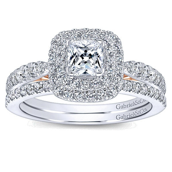 Gabriel & Co. Claire 14k White/Pink Gold Cushion Cut Halo  Engagement Ring - Crestwood Jewelers