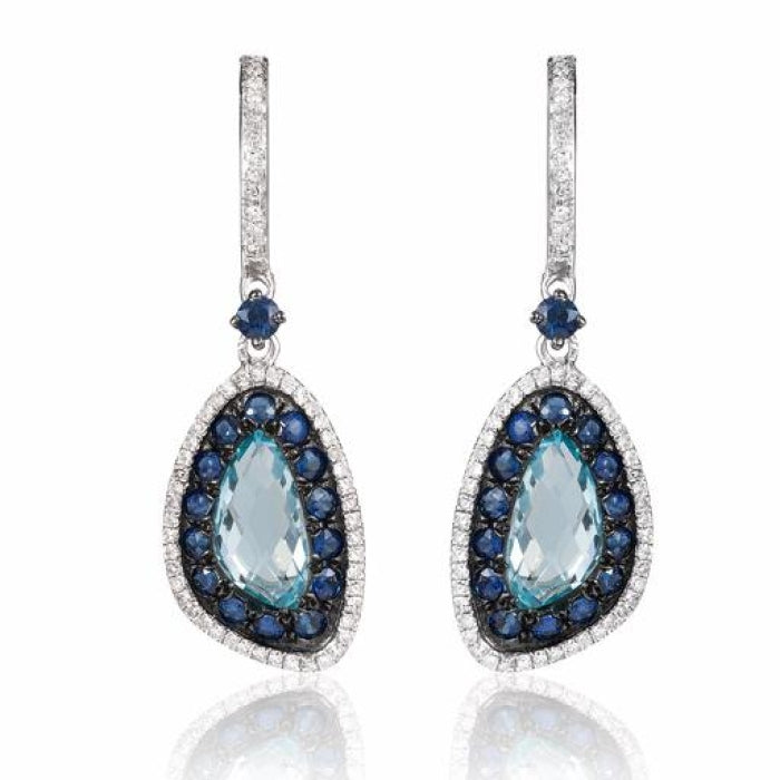 14K WHITE GOLD DIAMOND SAPPHIRE BLUE TOPAZ EARRINGS