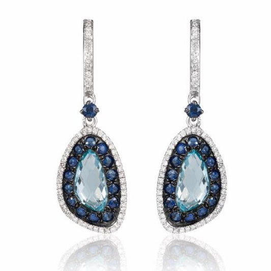 14K WHITE GOLD DIAMOND SAPPHIRE BLUE TOPAZ EARRINGS