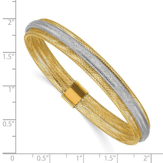 14k Two-tone Polished/Textured Stretch Bracelet