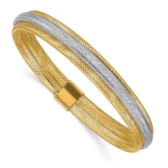 14k Two-tone Polished/Textured Stretch Bracelet