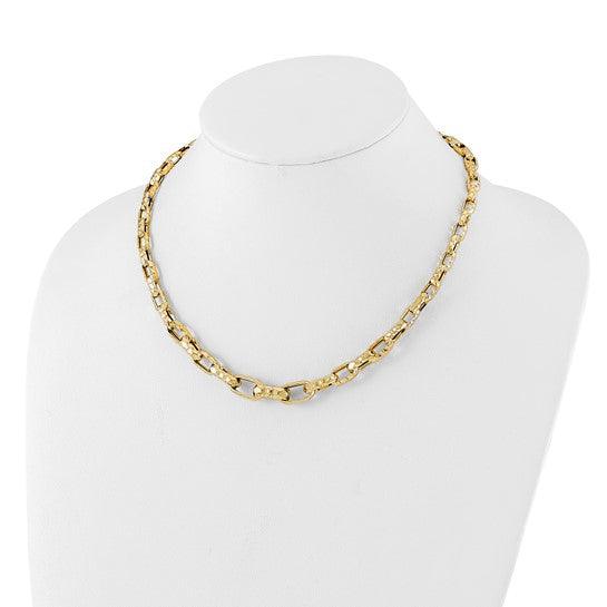 14K Polished Hollow Hammered Graduated Paperclip Link Necklace