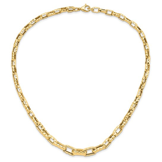 14K Polished Hollow Hammered Graduated Paperclip Link Necklace
