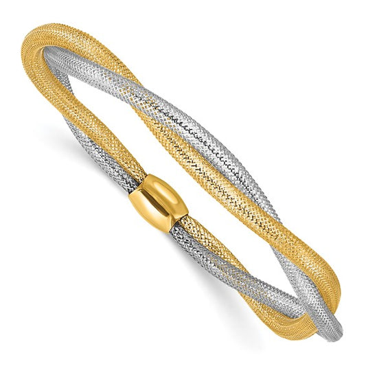 14K Two-tone Mesh Twist Slip-on Stretch Bracelet