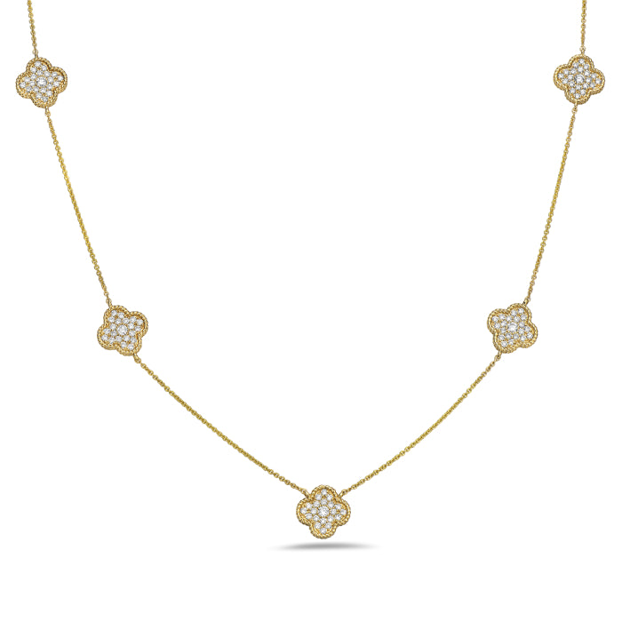14K Yellow Gold Pave Clover Station Necklace