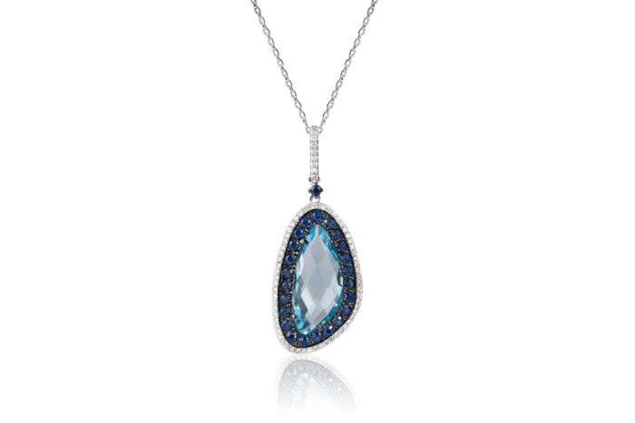 14K WHITE GOLD DIAMOND SAPPHIRE BLUE TOPAZ NECKLACE