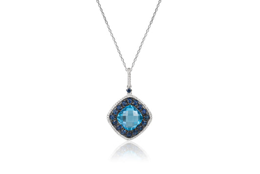 14K WHITE GOLD DIAMOND SAPPHIRE BLUE TOPAZ NECKLACE