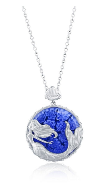 Sterling Silver, Venetian Murano Mermaid Pendant - Blue