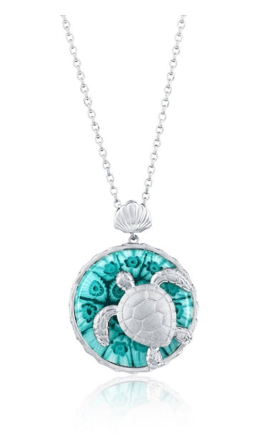 Sterling Silver, Venetian Murano Turtle Pendant - Turquoise