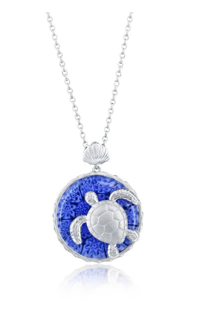 Sterling Silver, Venitian Murano Turtle Pendant - Blue