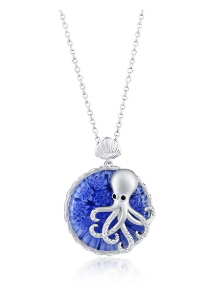 Sterling Silver Venetian Murano, CZ Octopus Pendant - Blue