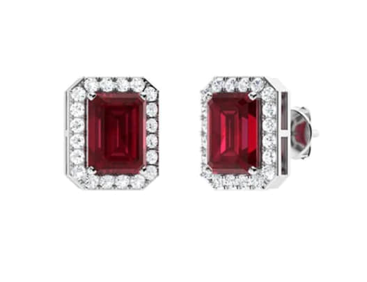 14K Halo Diamond & Emerald Cut Ruby Earrings