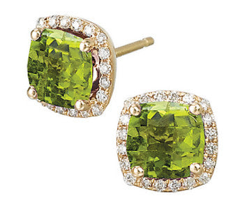 Tesoro Cushion Cut Checkberboard Cut Perdiot Diamond Halo Earrings - Crestwood Jewelers