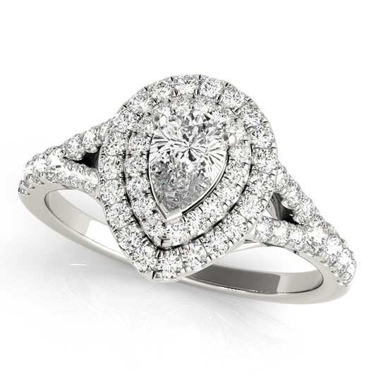 14K Double Halo Pear Shape Diamond Semi Mount Engagement Ring 7/8 Carat