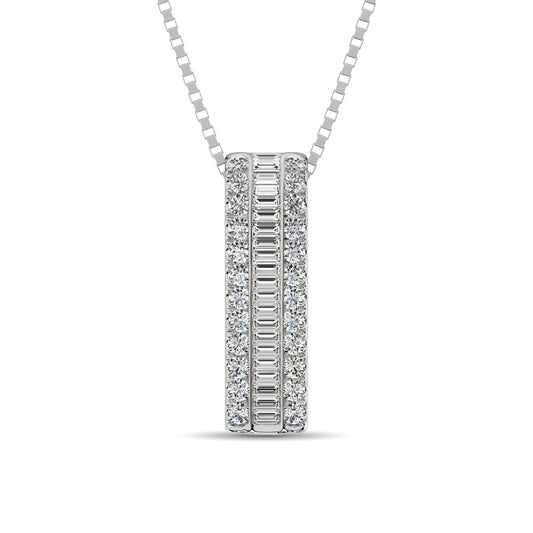 14K WHITE GOLD ROUND AND BAGUETTE DIAMOND 1/3 CT.TW. DROP BAR PENDANT