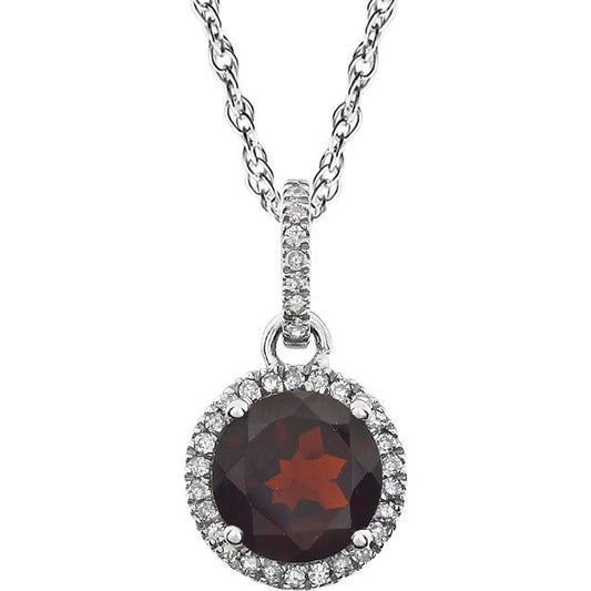 Garnet and Diamond Halo 14K White Gold Necklace - Crestwood Jewelers