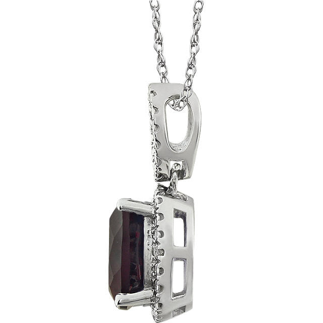 Garnet and Diamond Cushion Cut Halo Necklace - Crestwood Jewelers