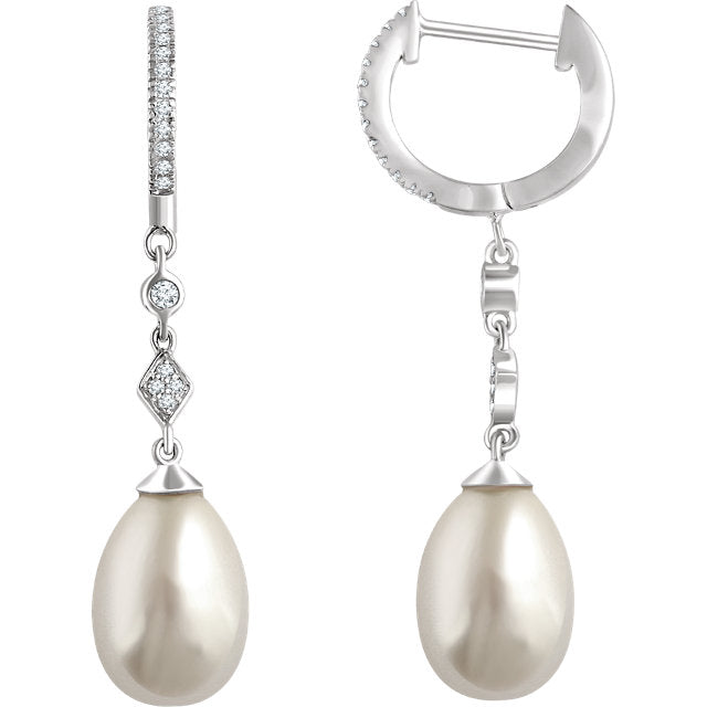 14K White Freshwater Cultured Pearl & 1/6 CTW Diamond Earrings - Crestwood Jewelers
