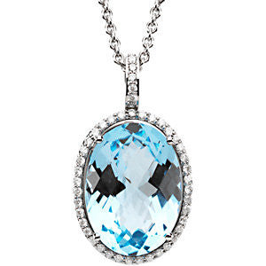 Blue Topaz and Diamond Oval Checkerboard Halo Necklace - Crestwood Jewelers