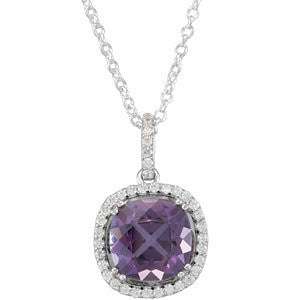 Amethyst and Diamond Checkberboard Cut Halo Necklace - Crestwood Jewelers