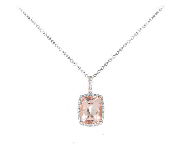 Morganite and Diamond Two Tone Halo Necklace - Crestwood Jewelers