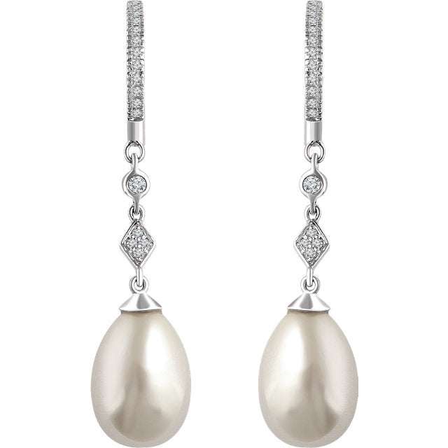 14K White Freshwater Cultured Pearl & 1/6 CTW Diamond Earrings - Crestwood Jewelers