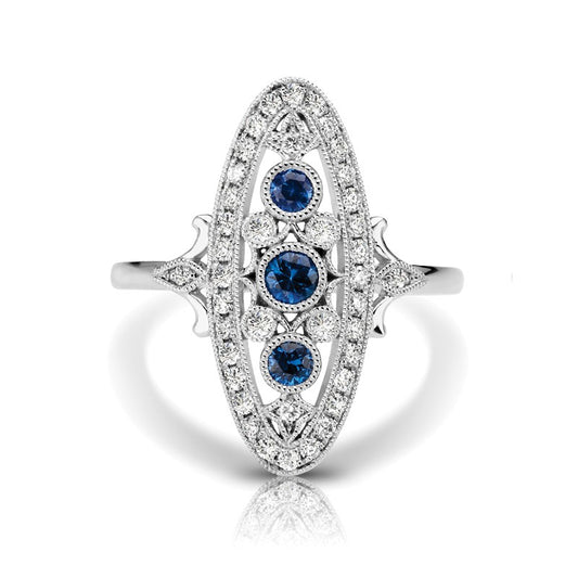 14K White Gold Vintage Style Diamond & Sapphire Ring - Crestwood Jewelers