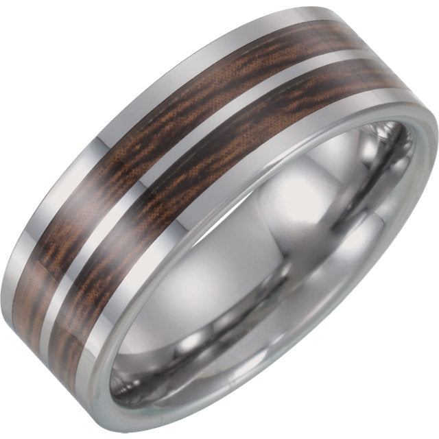 Tungsten Flat Band with Carbon Fiber & Wood Inlay - Crestwood Jewelers