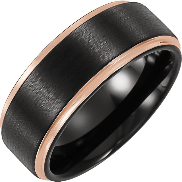 Black PVD & 18K Rose Gold-Plated Tungsten 8 mm Flat Grooved Band - Crestwood Jewelers
