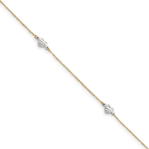 14k Two-Tone Puff Heart 9in With 1in Ext Anklet - Crestwood Jewelers