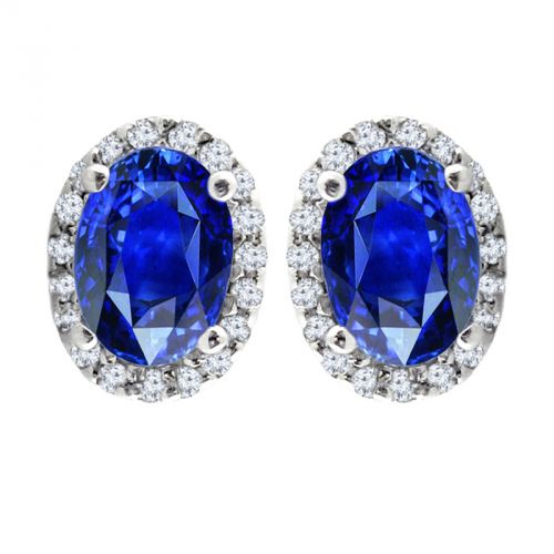 14K White Gold Diamond Halo & Sapphire Earrings - Crestwood Jewelers