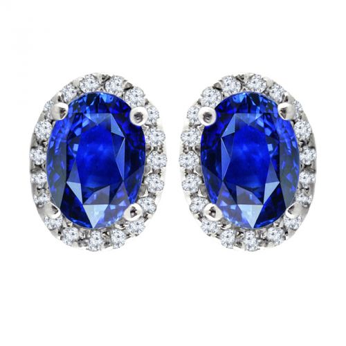 14K White Gold Diamond Halo & Sapphire Earrings - Crestwood Jewelers