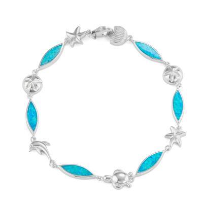 Sterling Silver 7.25" Marquise Shaped Blue Inlay Opal with Sea Life Bracelet - Crestwood Jewelers