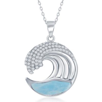 Sterling Silver Larimar Wave Design with CZ's Pendant - Crestwood Jewelers