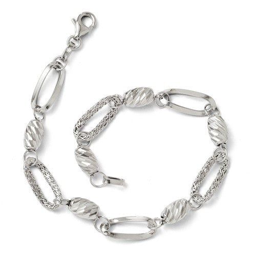 14k White Gold Polished Textured And Diamond Cut Link Bracelet - Crestwood Jewelers