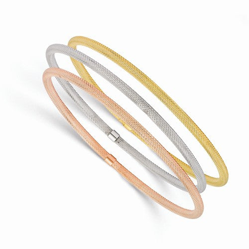 14k Yellow Gold With White And Rose Rhodium Textured Set Of 3 Bangles - Crestwood Jewelers