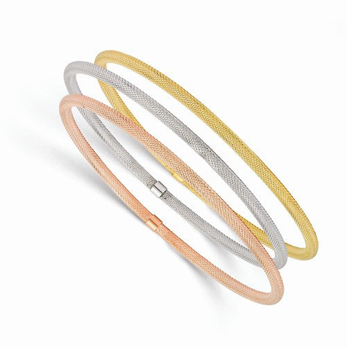 14k Yellow Gold With White And Rose Rhodium Textured Set Of 3 Bangles - Crestwood Jewelers