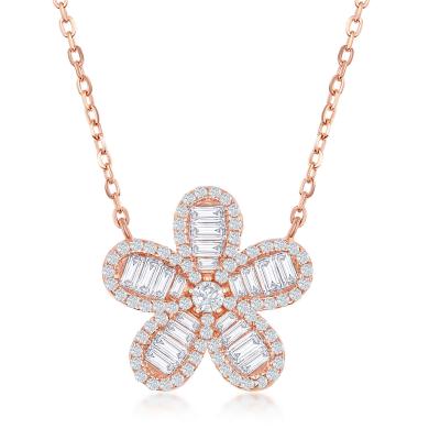 STERLING SILVER 16+2" ROSE GOLD PLATED BAGUETTE CZ FLOWER NECKLACE - Crestwood Jewelers