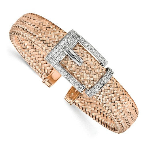 Sterling Silver Rose Gold-Plated CZ Polished Woven Cuff Bangle - Crestwood Jewelers
