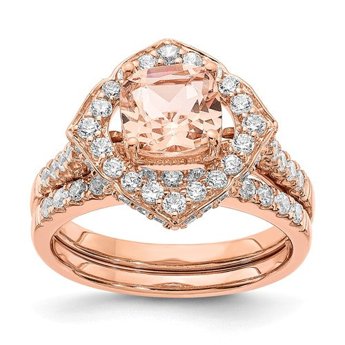 14k Rose Gold Morganite Diamond Halo Engagement Ring - Crestwood Jewelers