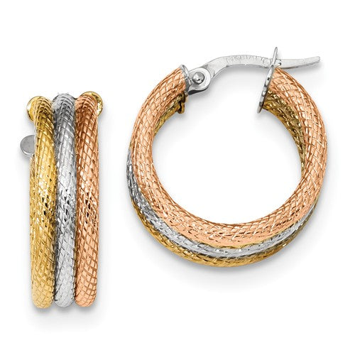 14k Tri-Color Polished Textured Triple Hoop Earrings - Crestwood Jewelers