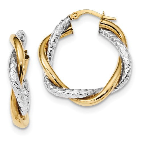 14k Two-Tone Polished And Textured Twisted Hoop Earrings - Crestwood Jewelers
