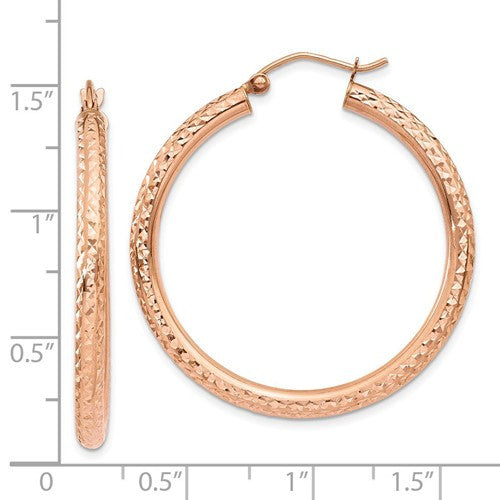 14k Rose Gold Diamond-Cut 3mm Round Hoop Earrings - Crestwood Jewelers