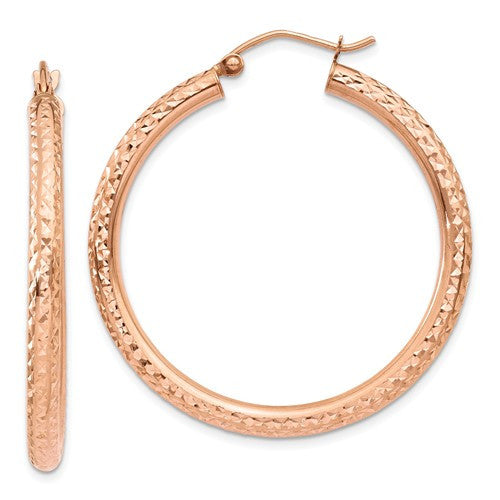 14k Rose Gold Diamond-Cut 3mm Round Hoop Earrings - Crestwood Jewelers