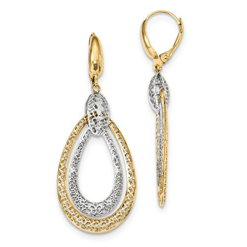 14k Two-Tone Polished And D/C Teardrop Dangle Leverback Earrings - Crestwood Jewelers
