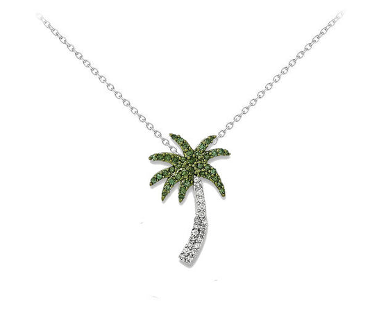 14k White Gold With White And Green Diamond Palm Tree Necklace - Crestwood Jewelers