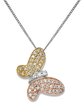 14K Tri Color Pave Diamond Butterfly Necklace - Crestwood Jewelers