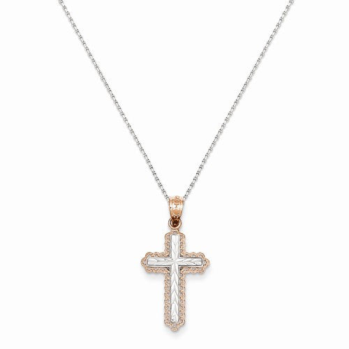 14K Rose & White Gold Diamond Cut Cross Necklace - Crestwood Jewelers