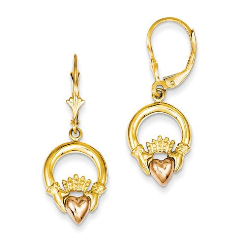14k Two-Tone Claddagh Leverback Earrings - Crestwood Jewelers
